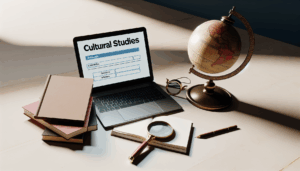 A cozy study scene featuring a laptop displaying a Cultural Studies syllabus, inviting students to sign up.