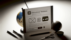 Engaging flyer design for International Relations course, featuring bold title, PDF icon, and free signup offer.