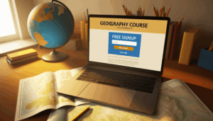 A laptop shows a Geography course PDF, with a "Free Signup" button and a map in a warm workspace.