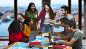 alt_text: Diverse students collaborate on university admissions, surrounded by maps, textbooks, and laptops.