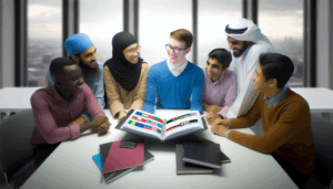 alt_text: Diverse students collaborate over an open syllabus, symbolizing global education and teamwork.