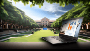 alt_text: Serene university campus with a laptop showing syllabus and GPA, inviting prospective students.