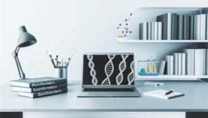 A modern digital learning space for a Bioinformatics course, featuring a laptop, textbooks, and study tools.